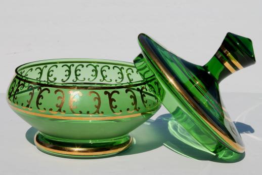 vintage Czech Bohemia crystal candy dish, gold decorated emerald green glass