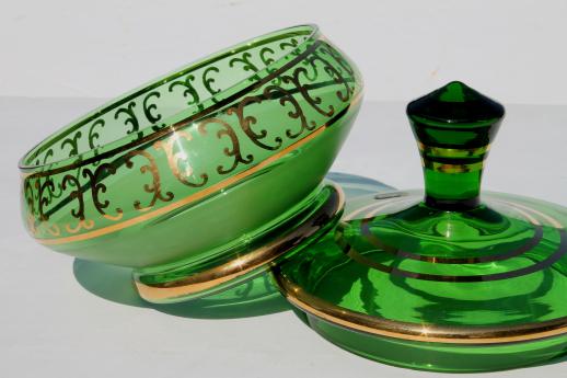 vintage Czech Bohemia crystal candy dish, gold decorated emerald green glass