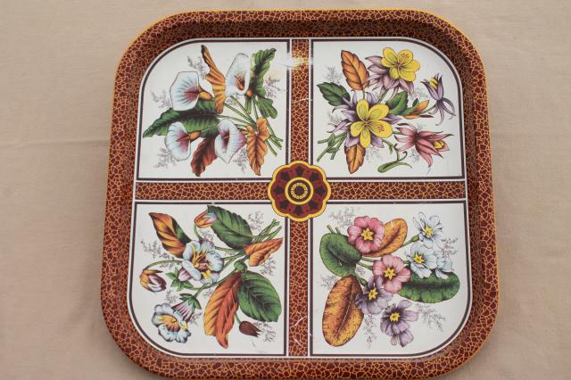 vintage Daher Ware tole tin metal square plate or serving tray w/ spring garden flowers