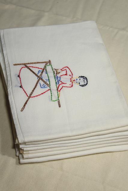 vintage Days of the Week cotton flour sack towels, kitchen chores hand stitched embroidery