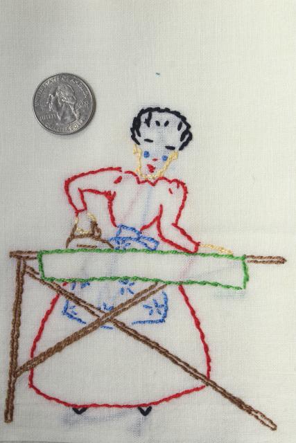 vintage Days of the Week cotton flour sack towels, kitchen chores hand stitched embroidery