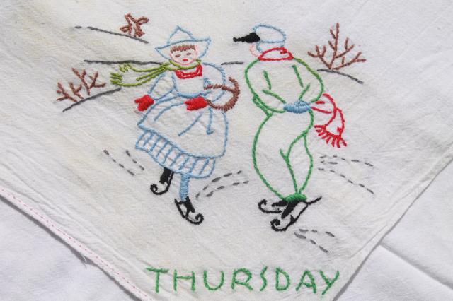 vintage Days of the Week cotton floursack kitchen towels w/ embroidery, Dutch boy & girl