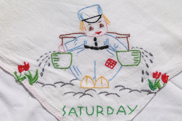 vintage Days of the Week cotton floursack kitchen towels w/ embroidery, Dutch boy & girl