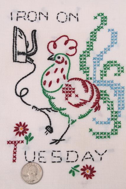 vintage Days of the Week kitchen chores embroidered flour sack cotton feedsack towels