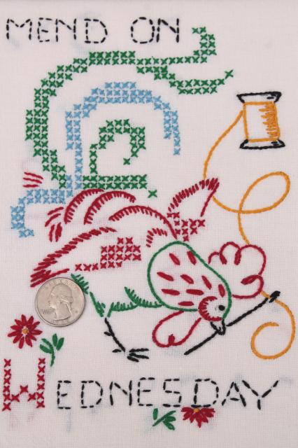vintage Days of the Week kitchen chores embroidered flour sack cotton feedsack towels