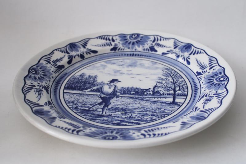 vintage Delft blue & white pottery plate, spring planting country life scene