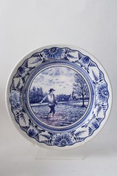 vintage Delft blue & white pottery plate, spring planting country life scene