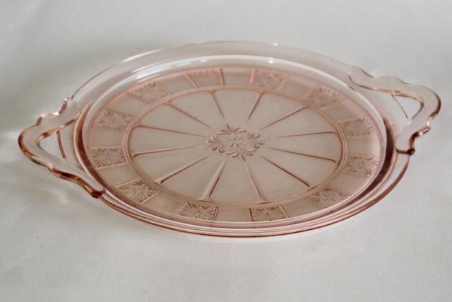 vintage Doric pattern pink depression glass serving tray or handled cake plate