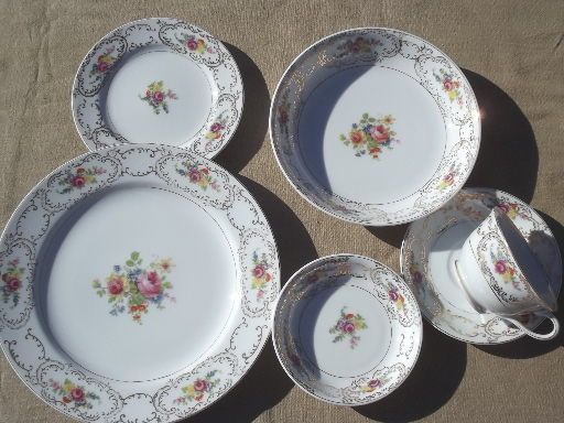 vintage Dresden floral hand-painted china dishes set w/ roses bouquet