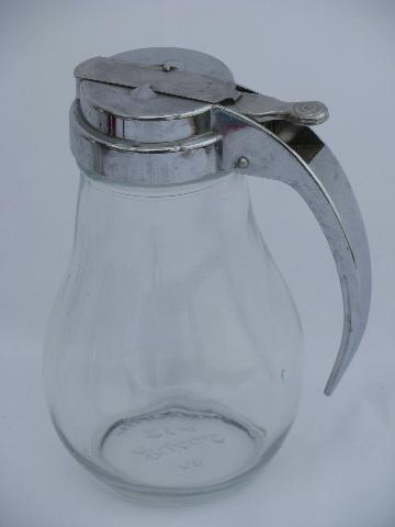 vintage Dripcut syrup pitcher, trigger handle metal lid / kitchen glass jar