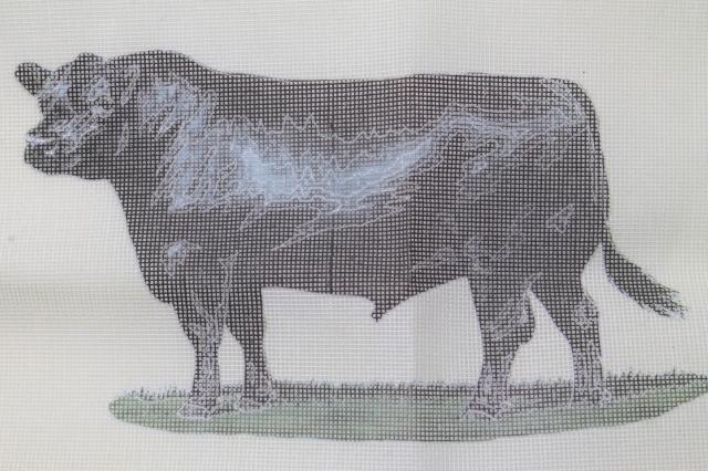 vintage Dritz needlepoint canvas kit, black angus bull farm animal cattle breed portrait