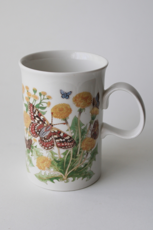 vintage Dunoon bone china tea mug or coffee cup, spring wildflowers weeds dandelions  butterflies