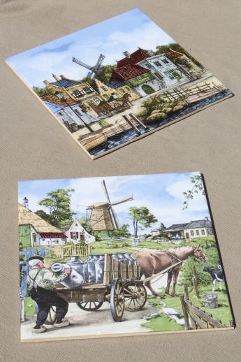 vintage Dutch pottery tiles w/ scenes of old Holland, farmer w/ milk cans