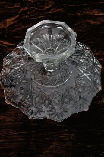 vintage Early American pressed glass cake stand, floral diamond Shoshone pattern glass