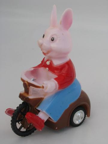 vintage Easter bunny car, painted hard plastic friction toy, Hong Kong