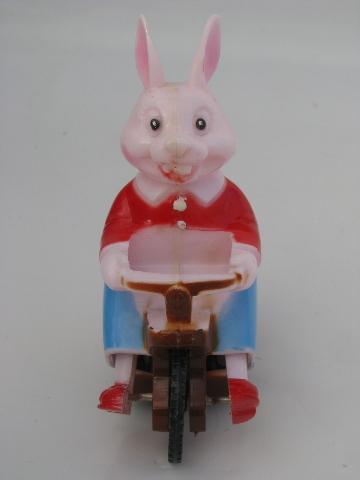vintage Easter bunny car, painted hard plastic friction toy, Hong Kong