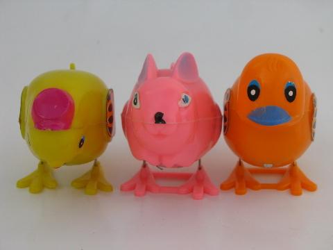 vintage Easter toys, Hong Kong hard plastic hopping chick, duck, bunny