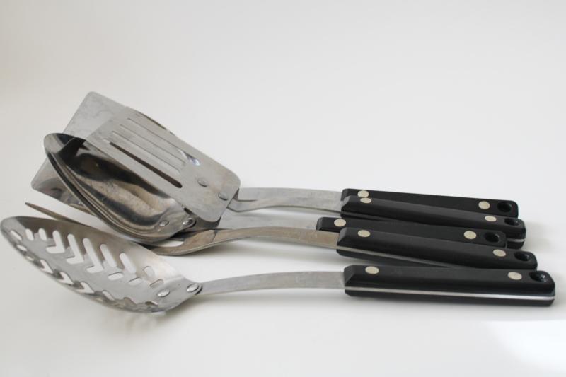 vintage Ekco Flint stainless steel kitchen utensils, black handles phenolic plastic