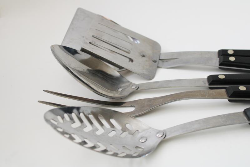 vintage Ekco Flint stainless steel kitchen utensils, black handles phenolic plastic