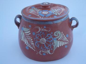vintage El Palomar Mexican pottery jar, hand painted Mexico folk art