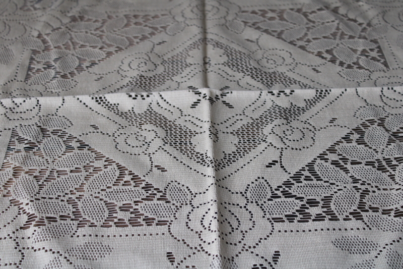 vintage Empress Hortense tag cotton lace tablecloth, deep flax tan color square