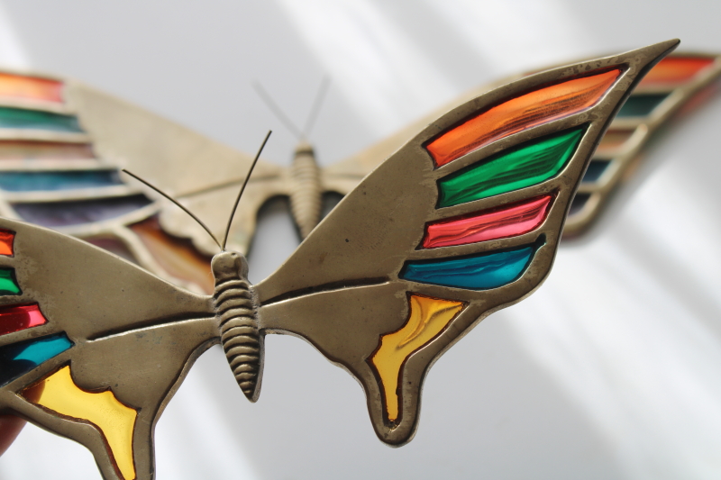 vintage Enesco rainbow stained glass brass butterflies wall art, bohemian decor