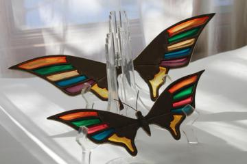 vintage Enesco rainbow stained glass brass butterflies wall art, bohemian decor