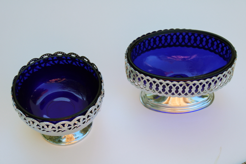 vintage England Celtic Quality Plate bonbon dishes, cobalt blue glass bowls w/ pierced filigree metal