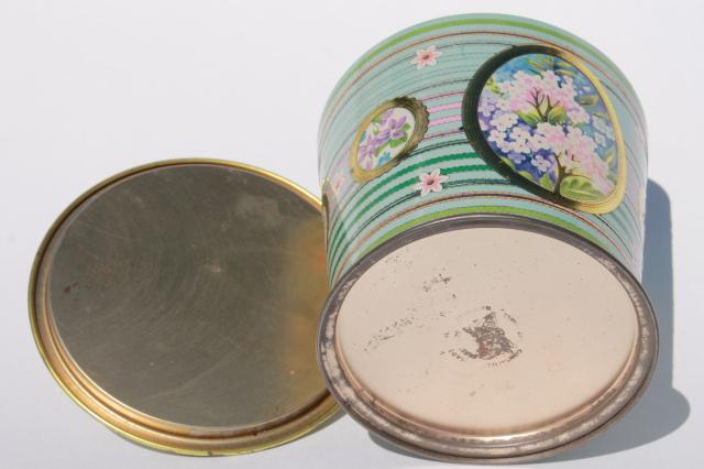vintage English biscuit jar or tea tin, pretty pastel violets & garden phlox flowers