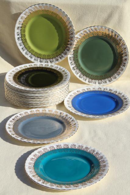 vintage English bone china plates, blue green grey aqua cool color palette