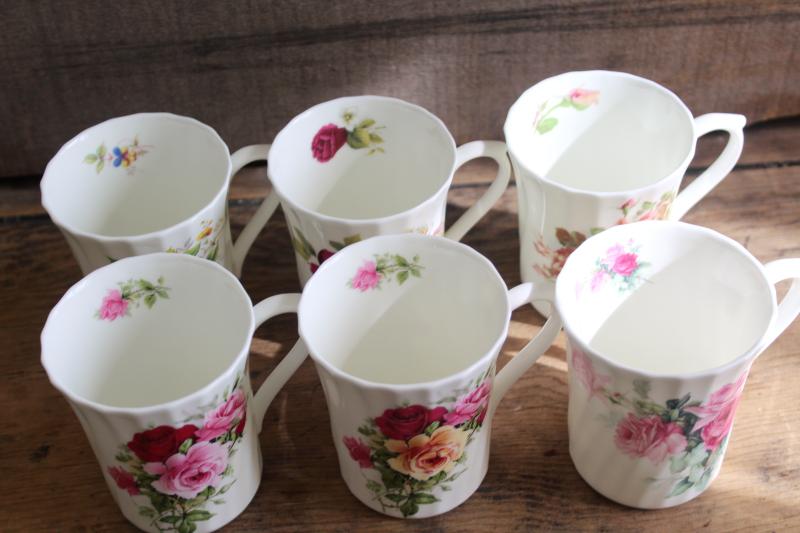 vintage English bone china tea mugs or coffee cups, six different roses florals