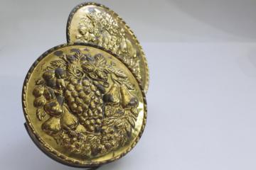 vintage English brass wall pockets, round hammered brass plaques w/ fruit design