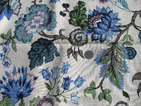 vintage English linen fabric, tree of life oriental floral, shades of blue on flax