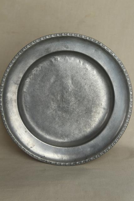 vintage English pewter plates / round trays, old silver color metalware
