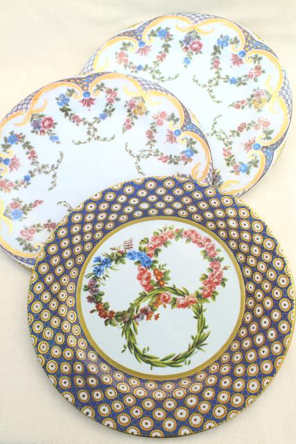 vintage English tin metal plates w/ antique French Sevres china patterns