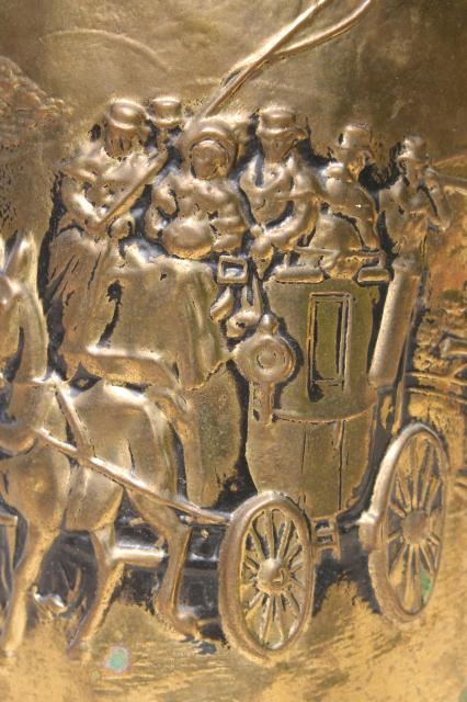 vintage English tooled brass wastebasket, embossed Regency scene coach & horses