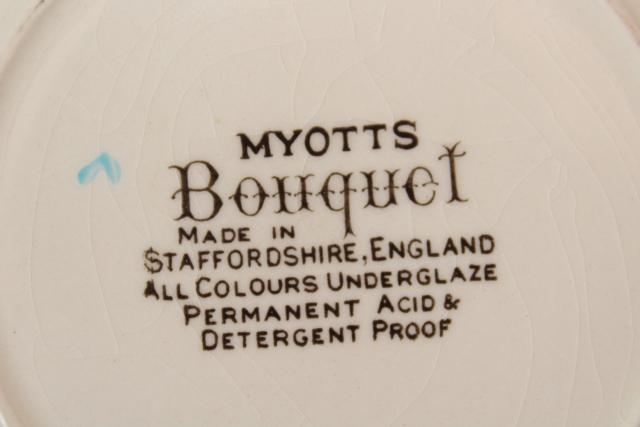 vintage English transferware china plates, Myott's Bouquet multicolored floral