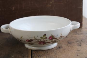 vintage Eschenbach Bavaria porcelain large serving bowl w/ handles, moss rose pink roses china