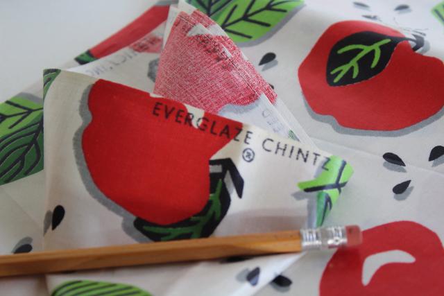 vintage Everglaze cotton chintz fabric, red apples print on white