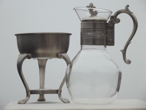 vintage F B Rogers pewter glass coffee carafe & warming stand to hold a candle