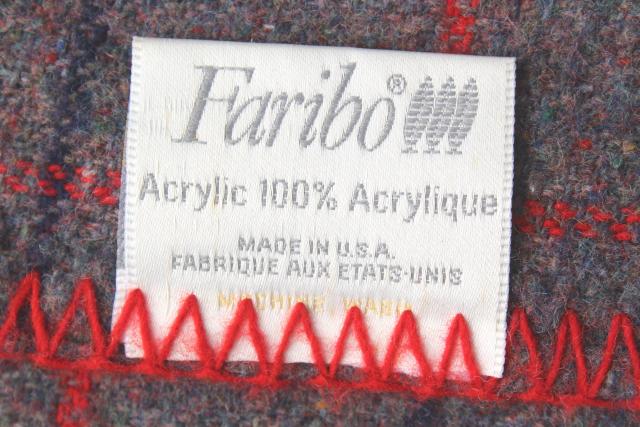 vintage Faribo acrylic blanket, stadium plaid camp bunk blanket, red navy grey