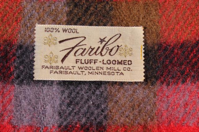 vintage Faribo fuzzy wool stadium blanket, retro camp red tartan plaid throw
