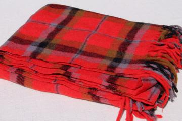 vintage Faribo fuzzy wool stadium blanket, retro camp red tartan plaid throw