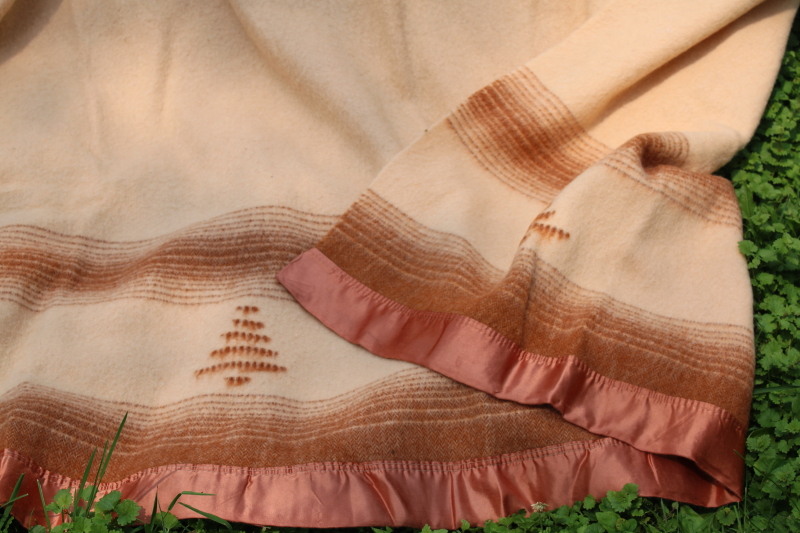 vintage Faribo pure wool camp blanket, pine tree pattern neutral colors rustic cabin decor