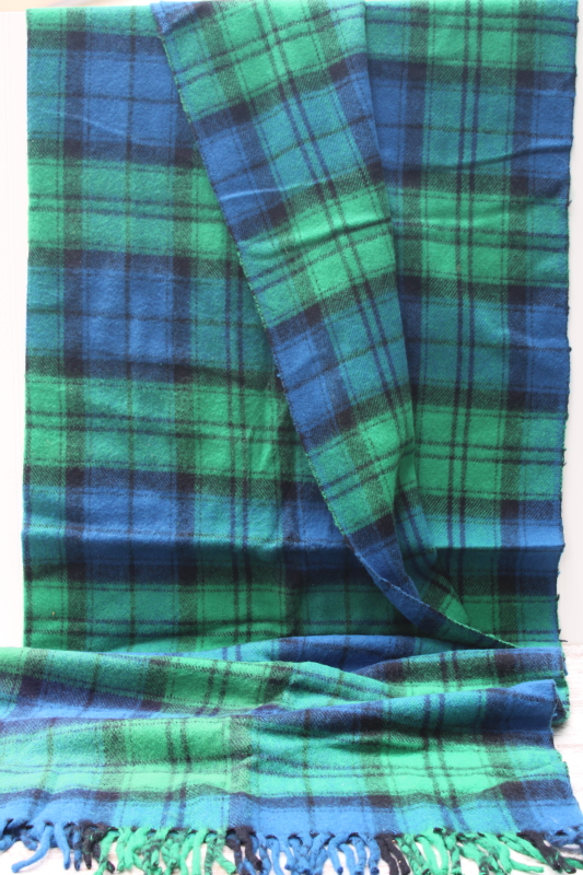 vintage Faribo soft acrylic fringed throw blanket, black watch tartan plaid blue green black