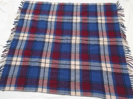 vintage Faribo wool camp blanket throw, blue & wine plaid wool blanket