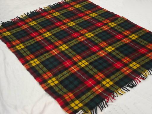 vintage Faribo wool camp blanket throw, gold red green plaid wool blanket