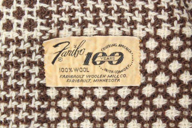 vintage Faribo wool throw blanket lot, primitive brown & cream, barn red