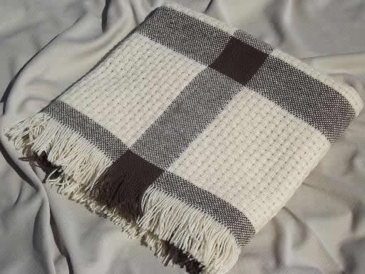 vintage Faribo woven wool throw / camp blanket brown & natural cream wool 