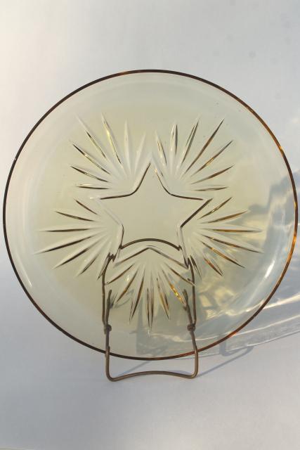 vintage Federal glass star pattern glass cake plate, amber yellow depression glass